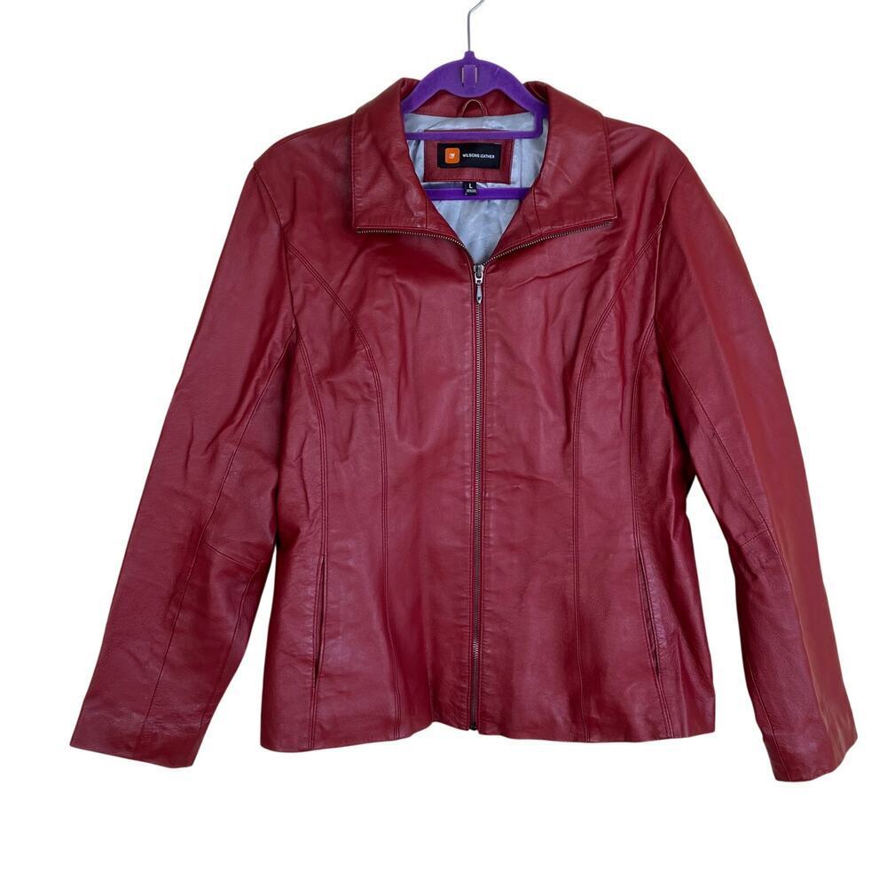 Wilsons Leather Womens Sz L Vtg Y2K Dark Red Leather Jacket Zip-up Mock Neck